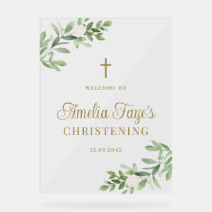 Watercolor Greenery and White Flowers Christening Acrylic Sign