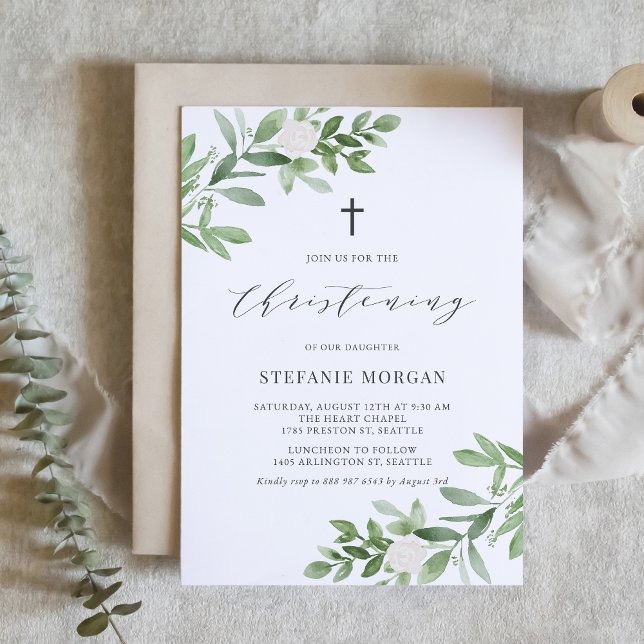 Watercolor Greenery and White Flowers Christening Invitation (Creator Uploaded)