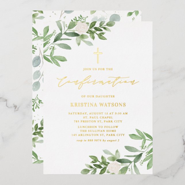 Watercolor Greenery and White Flowers Confirmation (Front/Back)