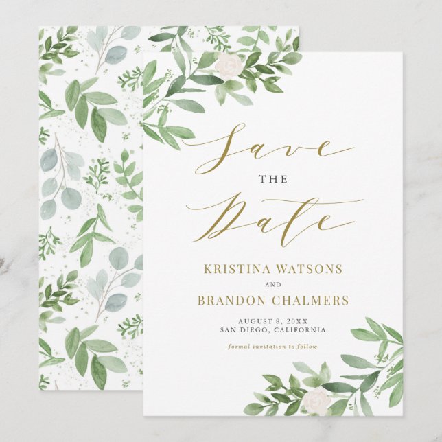 Watercolor Greenery and White Flowers Gold Save The Date (Front/Back)