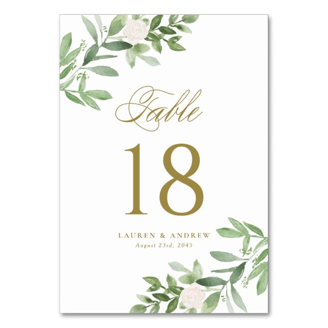Watercolor Greenery and White Flowers Gold Table Number (Back)