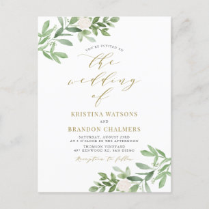 Watercolor Greenery and White Flowers Gold Wedding Invitation Postcard
