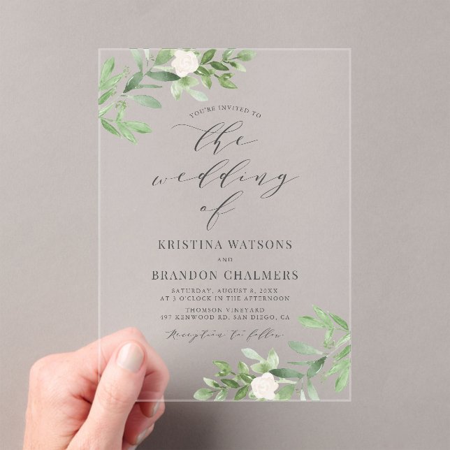 Watercolor Greenery and White Flowers Grey Wedding Acrylic Invitations (Insitu (Handheld))
