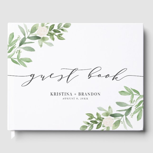 Watercolor Greenery and White Flowers Grey Wedding Guest Book (Front)