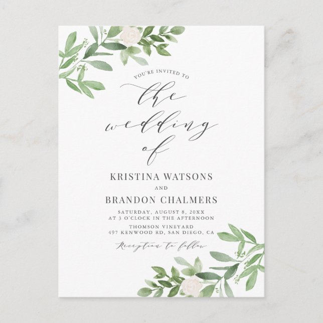 Watercolor Greenery and White Flowers Grey Wedding Invitation Postcard (Front)