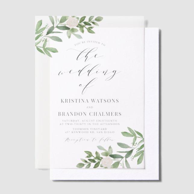 Watercolor Greenery and White Flowers Grey Wedding Vellum Invitations (Offset)