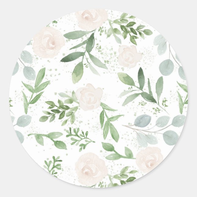 Watercolor Greenery and White Flowers Pattern Classic Round Sticker (Front)