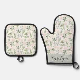 Watercolor Greenery and White Flowers Pattern Oven Mitt & Pot Holder Set
