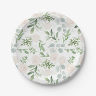Watercolor Greenery and White Flowers Pattern Paper Plate