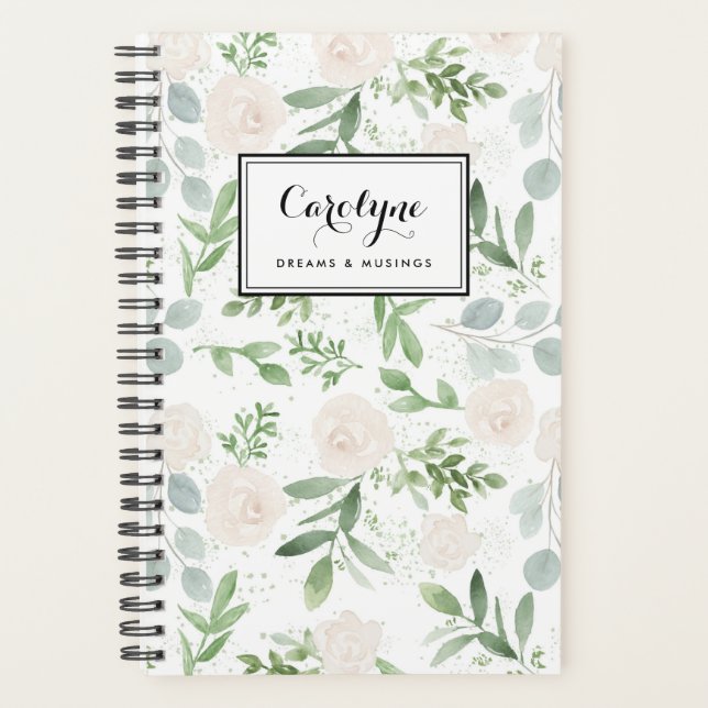 Watercolor Greenery and White Flowers Pattern Planner (Front)