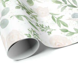 Watercolor Greenery and White Flowers Pattern Wrapping Paper