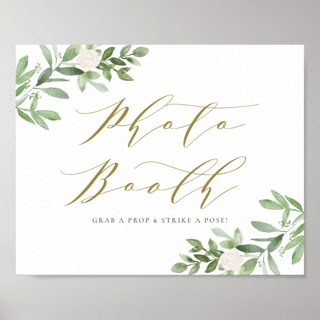Watercolor Greenery and White Flowers Photo Booth Poster (Front)