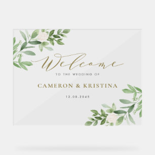 Watercolor Greenery and White Flowers Wedding Acrylic Sign