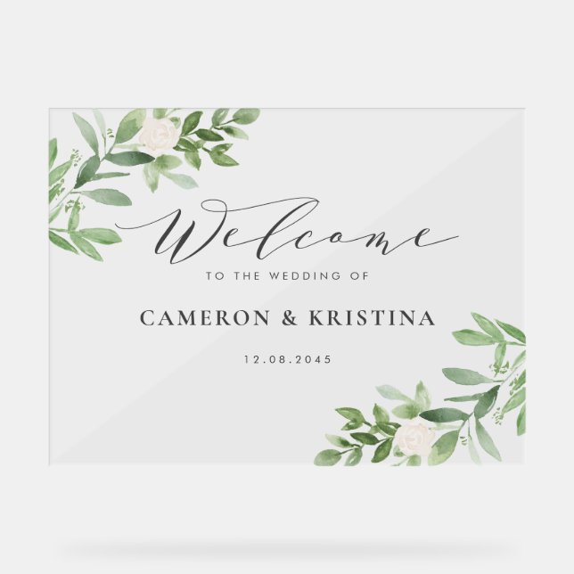 Watercolor Greenery and White Flowers Wedding Acrylic Sign (Front)