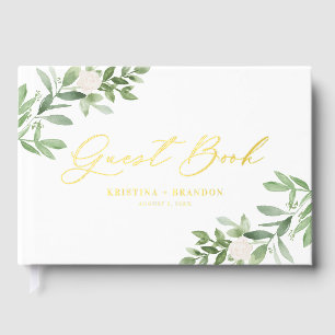 Watercolor Greenery and White Flowers Wedding Guest Book