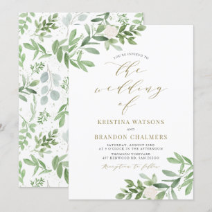 Watercolor Greenery and White Flowers Wedding Invitation