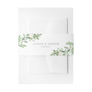 Watercolor Greenery and White Flowers Wedding Invitation Belly Band