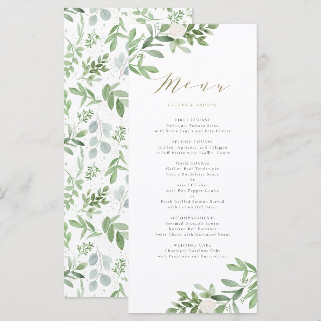 Watercolor Greenery and White Flowers Wedding Menu (Front/Back)