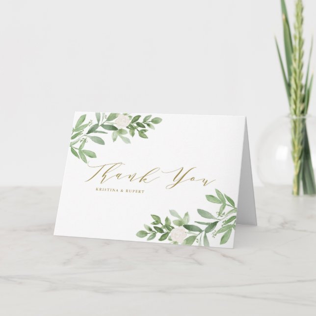 Watercolor Greenery and White Flowers Wedding Thank You Card (Front)
