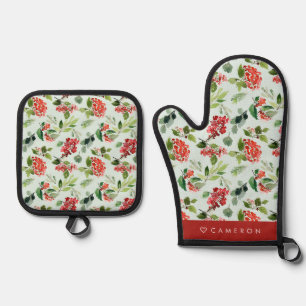 Watercolor Greenery and Winterberry Christmas Oven Mitt & Pot Holder Set