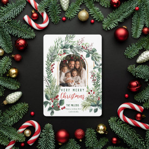 Watercolor Greenery Arch Christmas Photo Holiday Card
