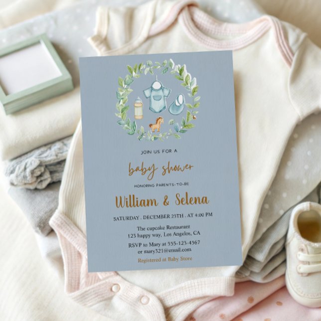 Watercolor Greenery Baby Boy Shower Invitation (Creator Uploaded)