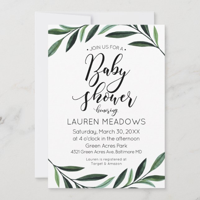 Watercolor Greenery Baby Shower Invitation (Front)