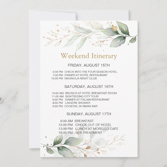 Watercolor greenery Bachelorette Weekend Itinerary Invitation (Front)