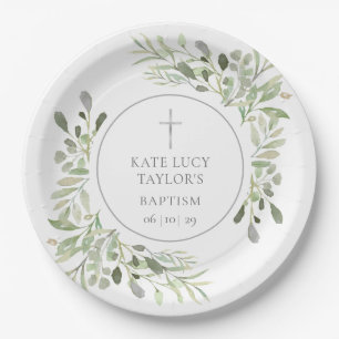 Watercolor Greenery Baptism Christening Paper Plate
