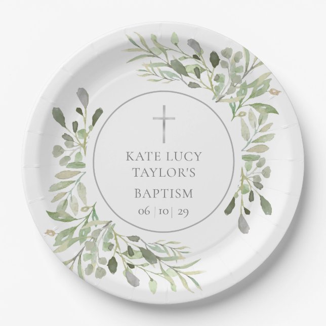 Watercolor Greenery Baptism Christening Paper Plate (Front)