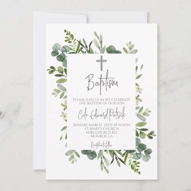 Watercolor Greenery Baptism Invitation (Front)