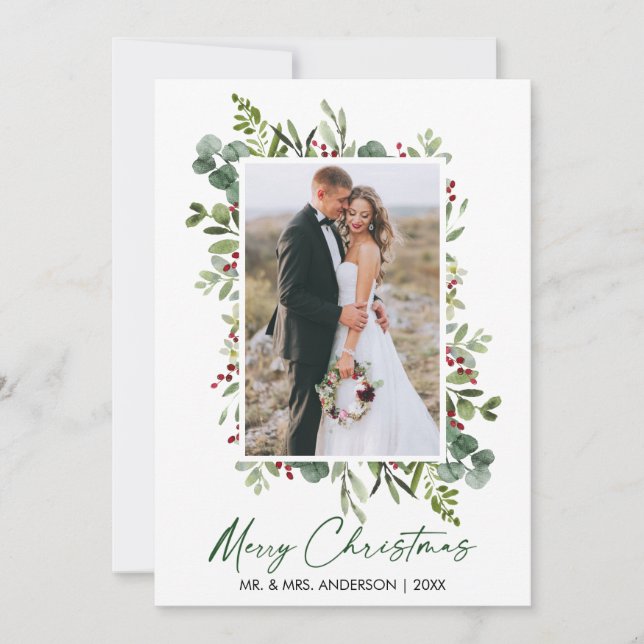Watercolor Greenery Berries Calligraphy Green Ink Holiday Card (Front)