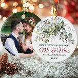 Watercolor Greenery Berries Christmas PHOTO BACK Ceramic Ornament<br><div class="desc">Modern Elegant Watercolor Greenery Couple Our First Christmas as Mr. and Mrs. Ornament includes beautiful watercolor botanical greenery,  eucalyptus leaves,  holly berries and other beautiful foliage. Red and Green Script. Photo Back.</div>