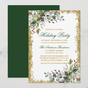 Watercolor Greenery Berries Gold Glitter Holiday  Invitation