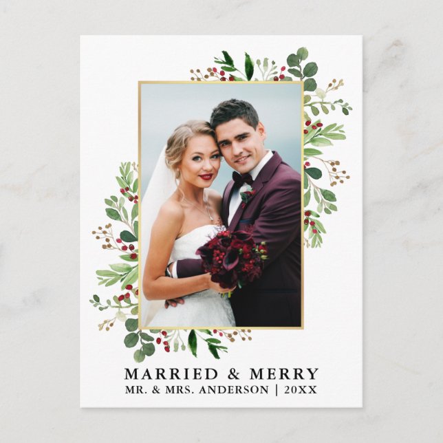 Watercolor Greenery Berries Gold Married & Merry Postcard (Front)