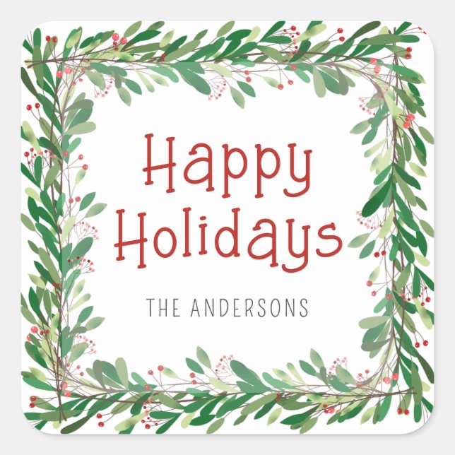Watercolor Greenery Berries Happy Holidays Wreath  Square Sticker (Front)