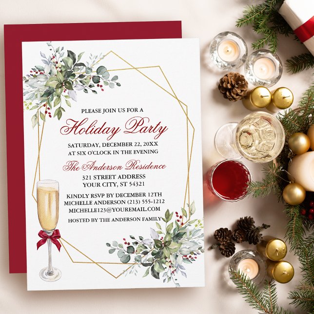 Watercolor Greenery Berries Holiday Party Glass Invitation (Customize to change text color, size, style or to change color of back of card.)