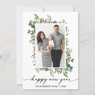 Watercolor Greenery Berries Ink Script New Year Holiday Card