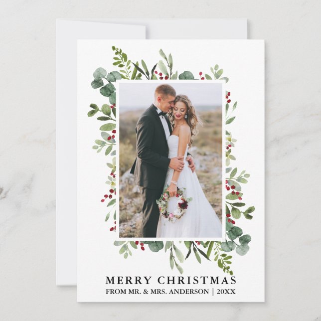 Watercolor Greenery Berries Newlywed Christmas Holiday Card (Front)