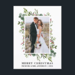 Watercolor Greenery Berries Newlywed Christmas Postcard<br><div class="desc">Elegant Watercolor Winter Greenery Merry Christmas Wedding Photo Newlywed Holiday Postcard includes eucalyptus leaves and red holly berries.</div>