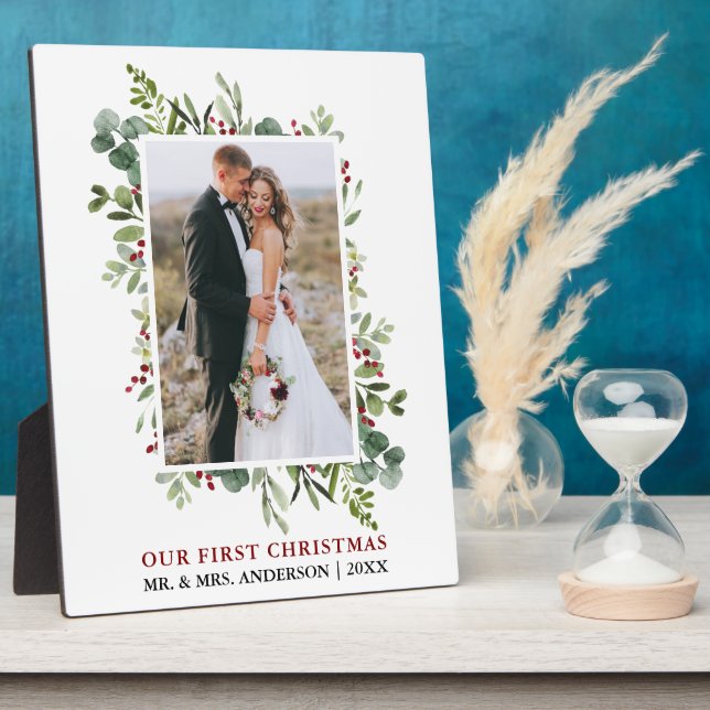 Watercolor Greenery Berries Newlywed Photo Plaque (Side)