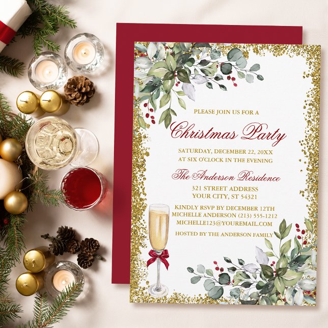 Watercolor Greenery Berries Red Christmas Party Invitation (Customize to change text color, size, style or to change color of back of card.)