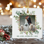 Watercolor Greenery Berries Wedding Photo Green Ceramic Ornament<br><div class="desc">Elegant Watercolor Winter Greenery Mr. and Mrs. Wedding Photo Newlywed Christmas Ornament includes eucalyptus leaves and red holly berries. Green Text. Gold Frame.</div>