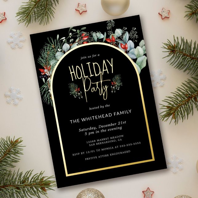 Watercolor Greenery Berry Christmas Party Black (You will love these beautiful Holiday Party invitation! They feature botanical watercolor arch.)