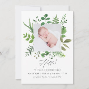 Watercolor Greenery Birth Announcement Photo Card