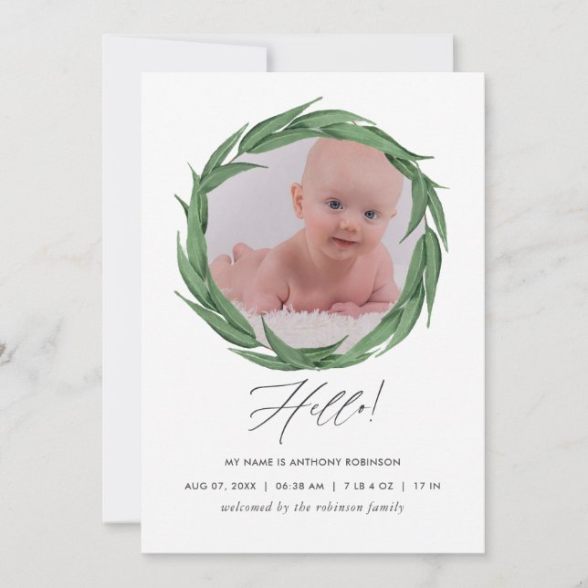Watercolor Greenery Birth Announcement Photo Card (Front)