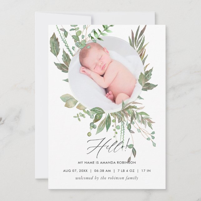 Watercolor Greenery Birth Announcement Photo Card (Front)