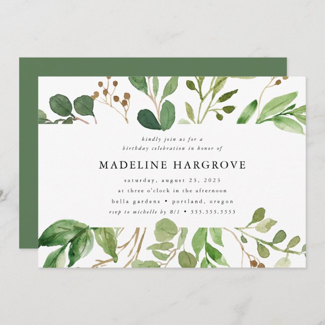 Watercolor Greenery | Birthday Party Invitation (Front/Back)