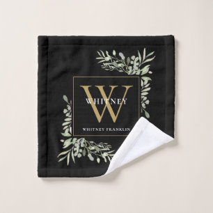 Watercolor Greenery Black Gold Monogram Name Bath Bath Towel Set