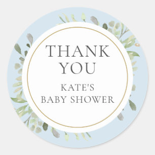 Watercolor Greenery Blue Baby Boy Shower Thank You Classic Round Sticker